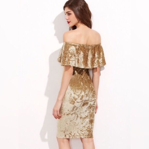 ✨Gold Off The Shoulder Crushed Velvet Ruffle Dress - Picture 4 of 4
